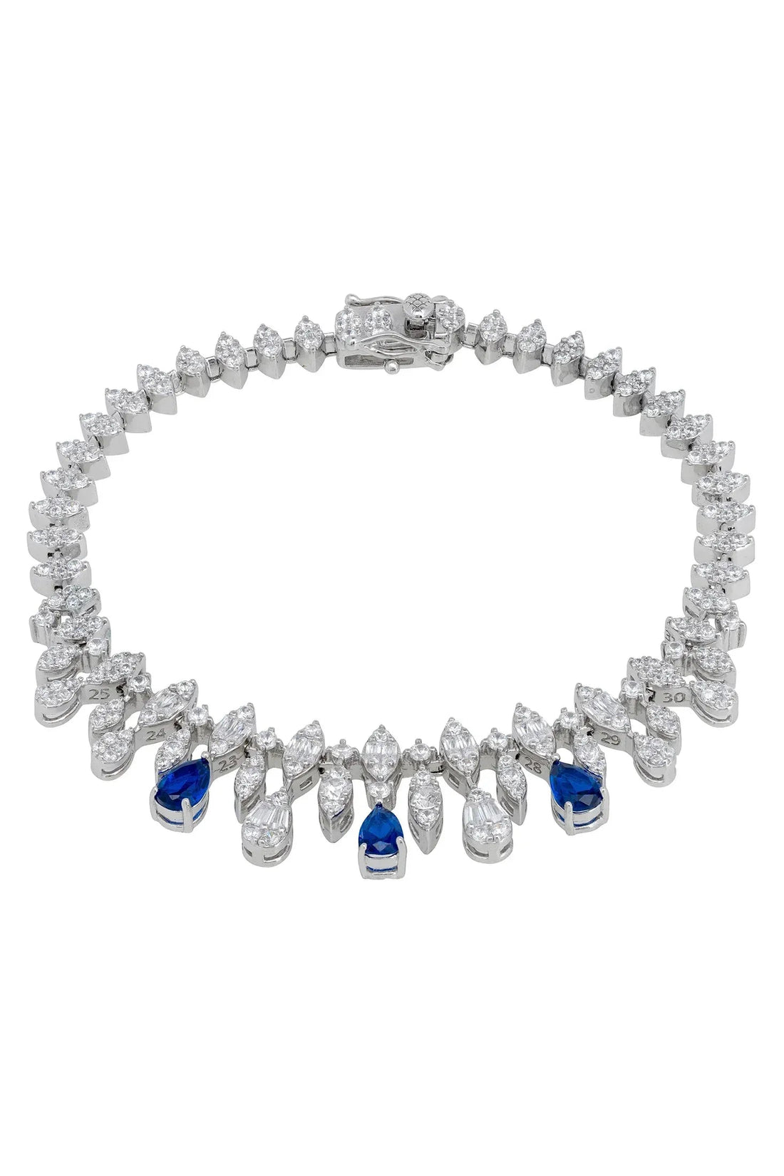Silver tennis bracelet with crystal teardrop links and blue gemstone accents