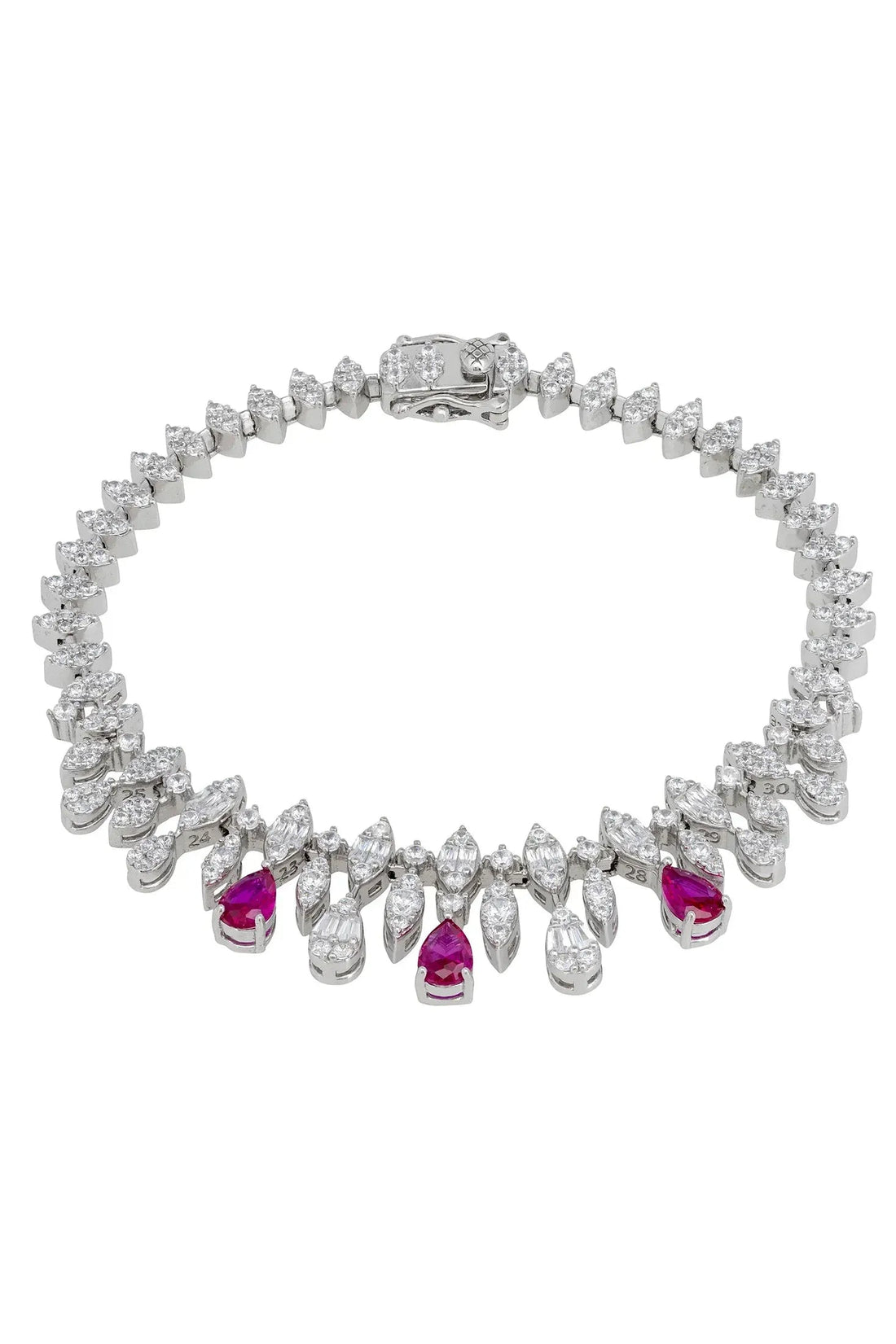 Silver tennis bracelet with clear stones and ruby-colored teardrop accents.