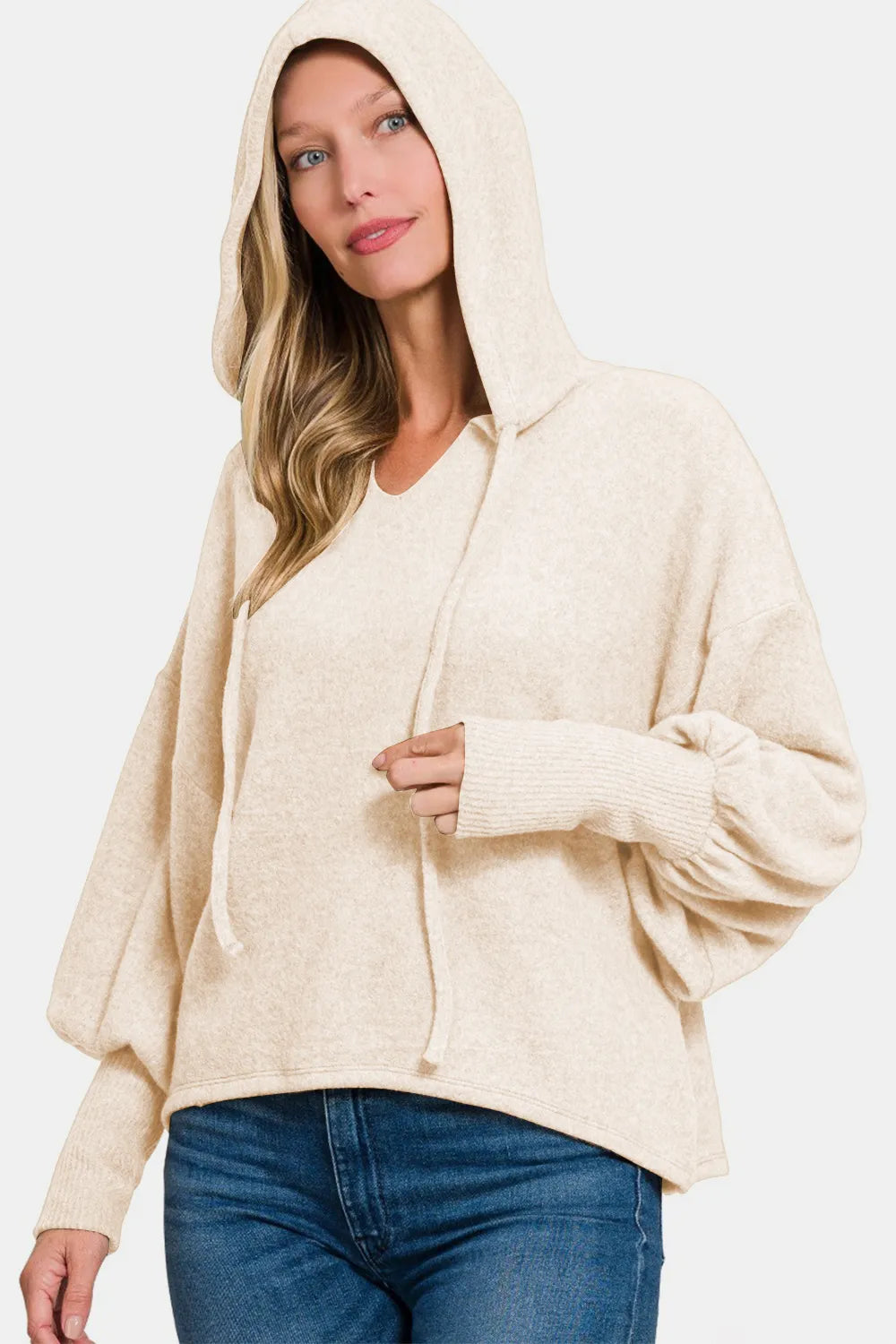 Sand beige brushed hacci cropped zip hoodie with hood and relaxed long cuffs