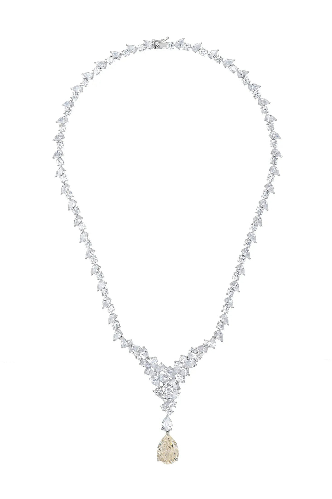 Silver moissanite teardrop pendant necklace with long V line of stones