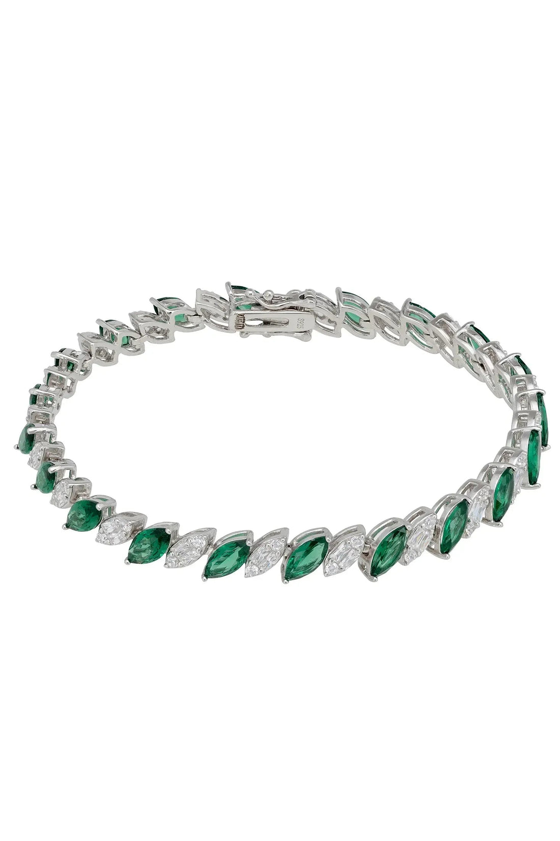 Silver tennis bracelet with oval emerald-green gemstones and round clear accents