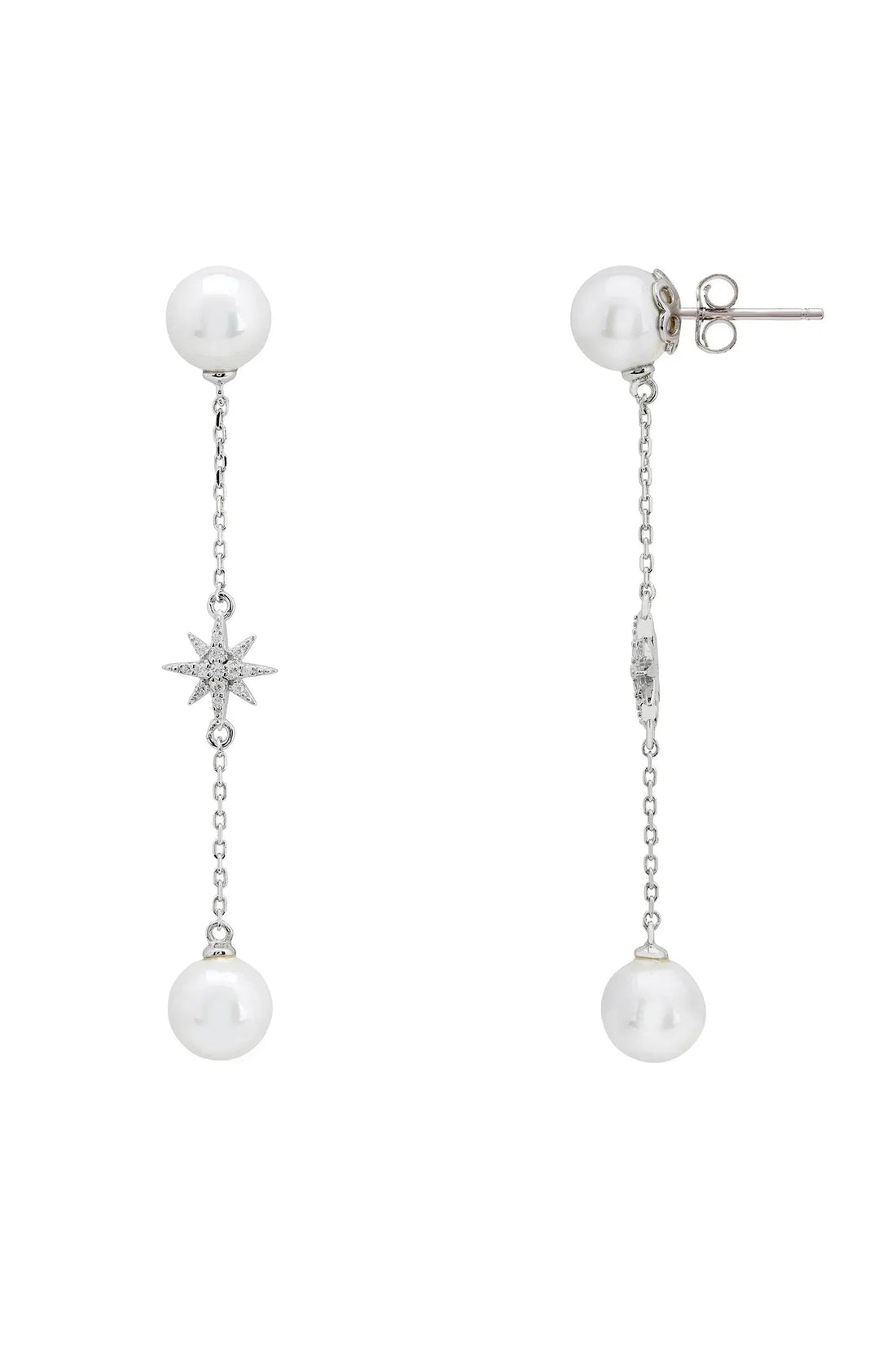 Silver pearl drop earrings with star charm and hook-back post