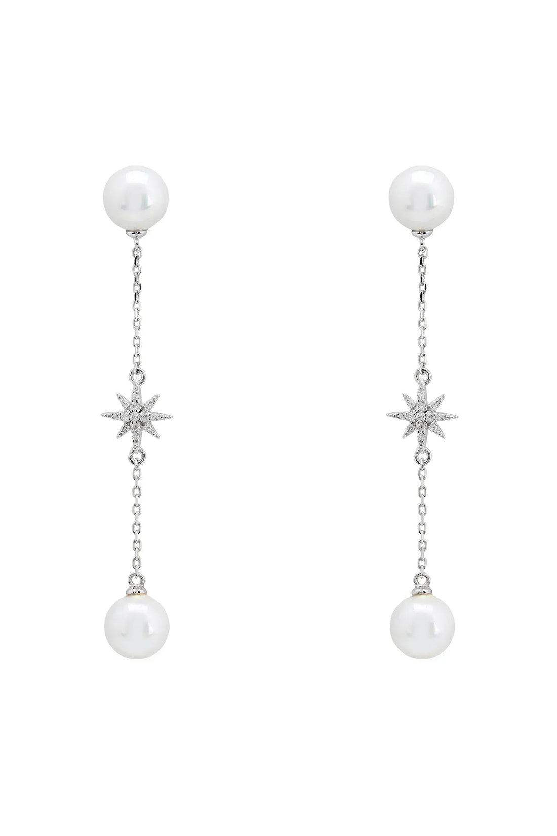 Silver pearl drop earrings with star charm and dangling pearl beads