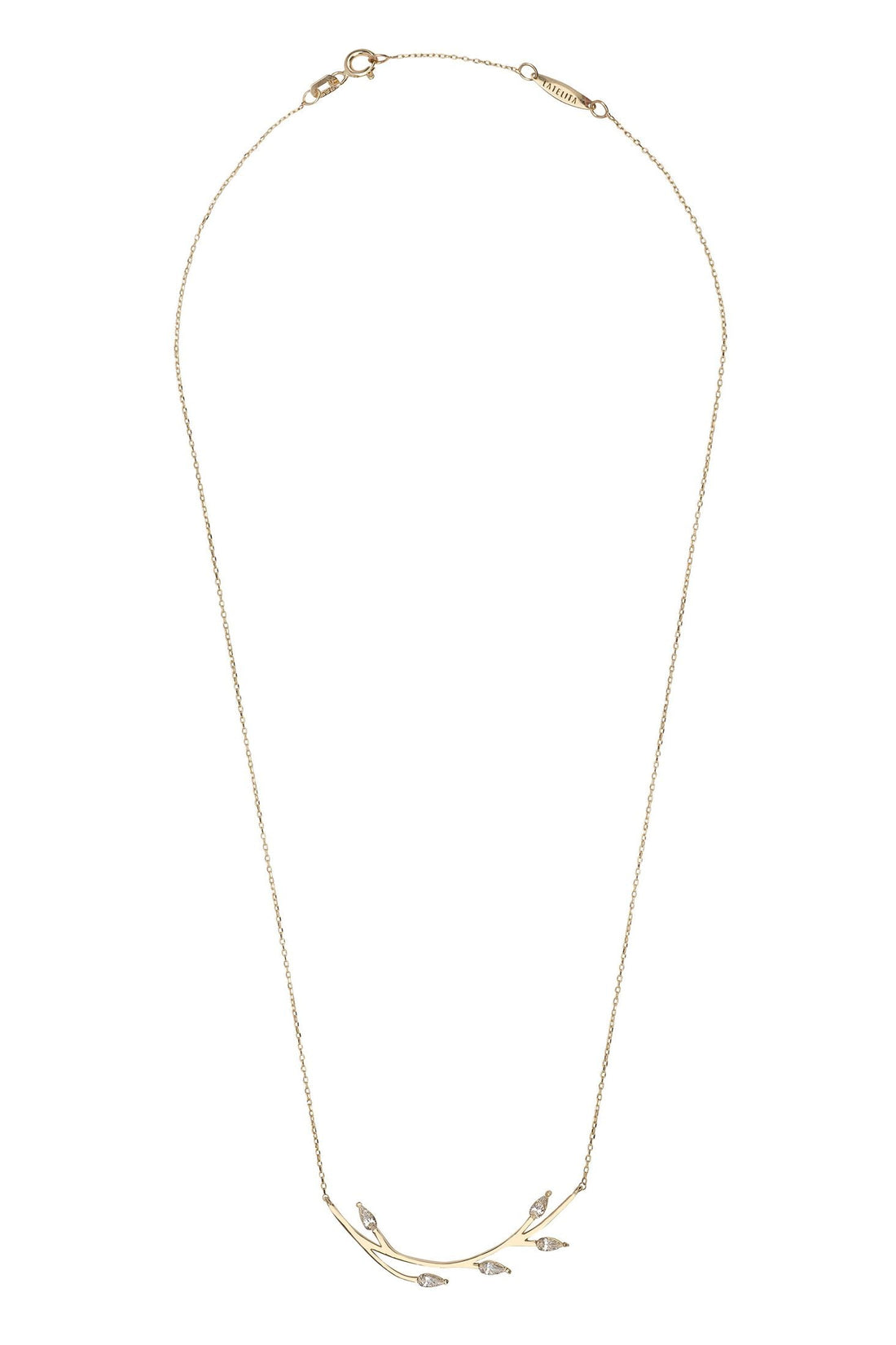 14k gold blooming branch necklace with delicate branch pendant and leaf accents