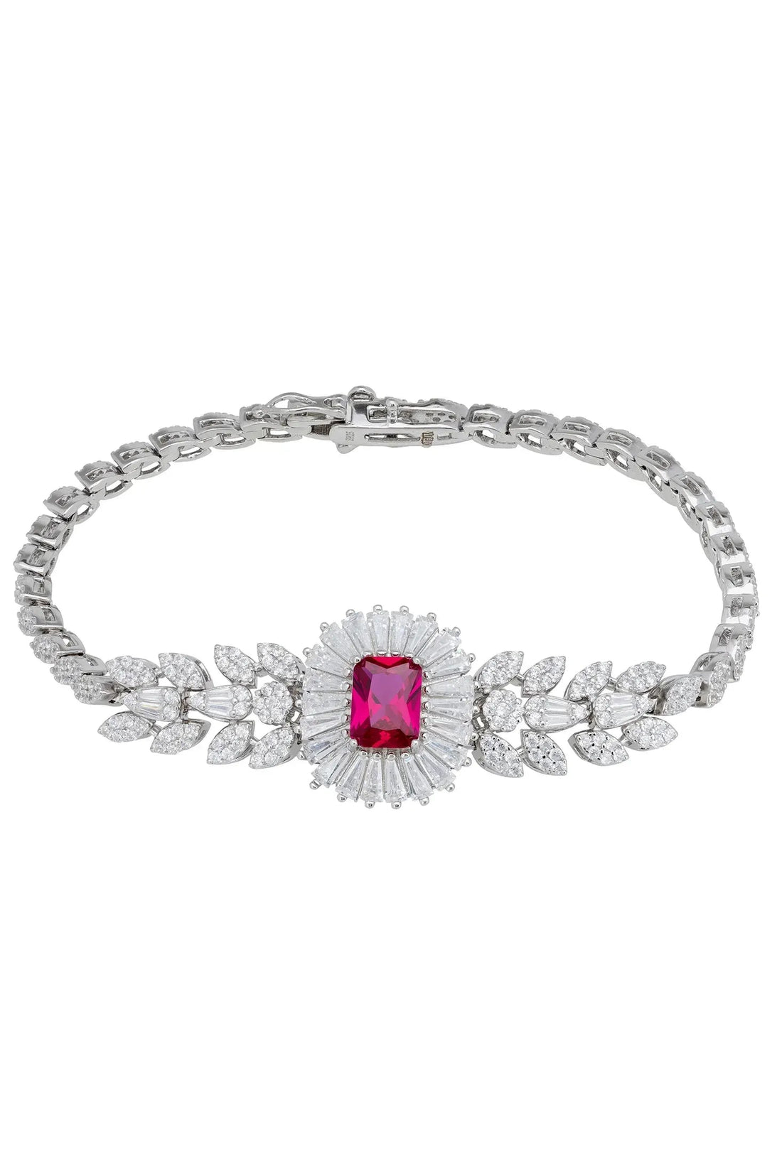 Silver tennis bracelet with pink-red gemstone center and crystal leaf links