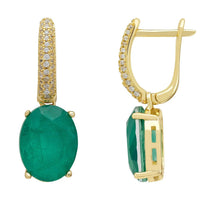 Gold oval drop earrings with green emeralds and pavé-set upper bars