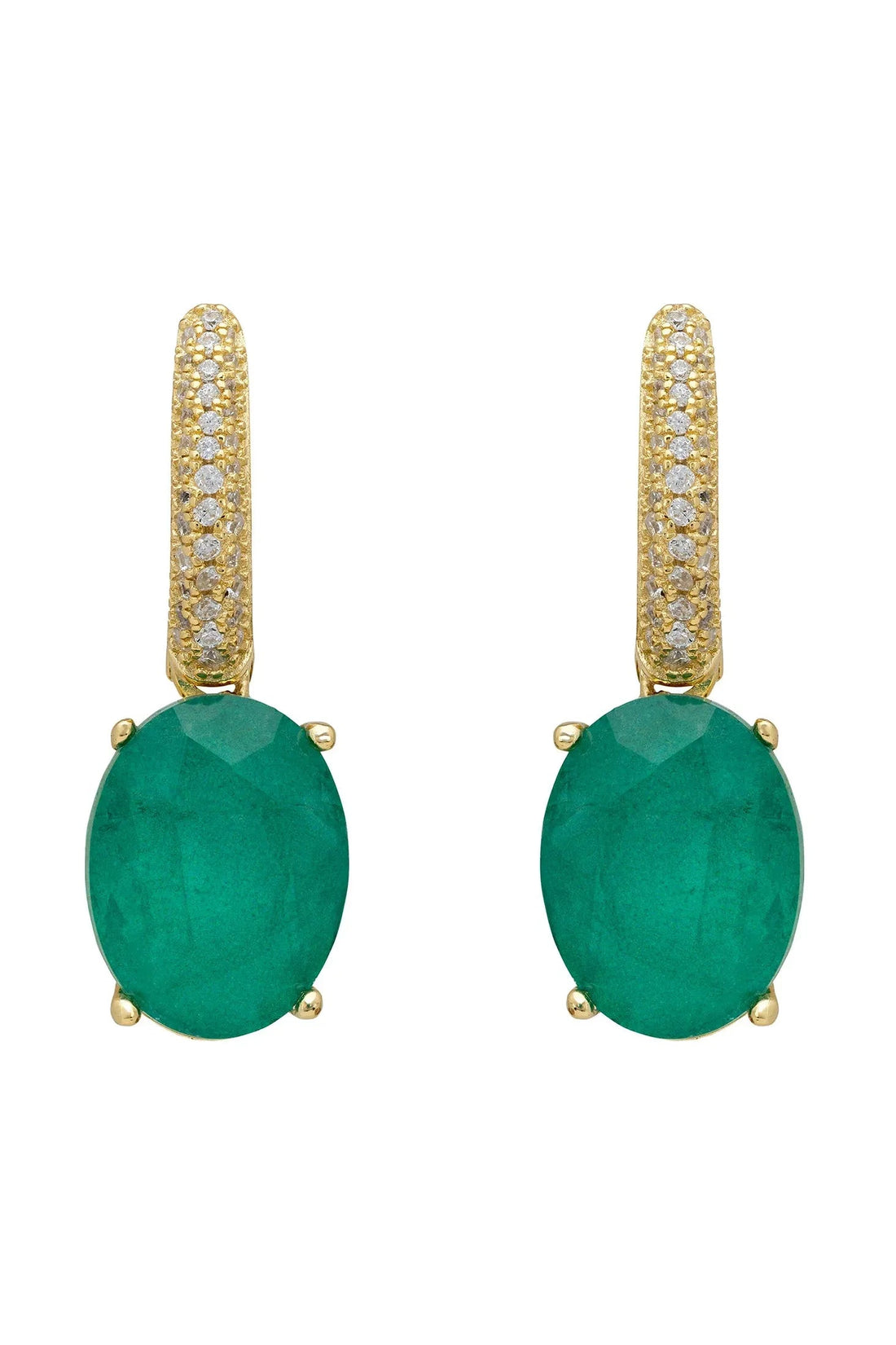 Gold oval drop earrings with pavé detail and green Colombian emeralds