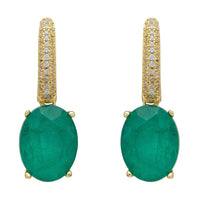 Gold oval drop earrings with pavé detail and green Colombian emeralds