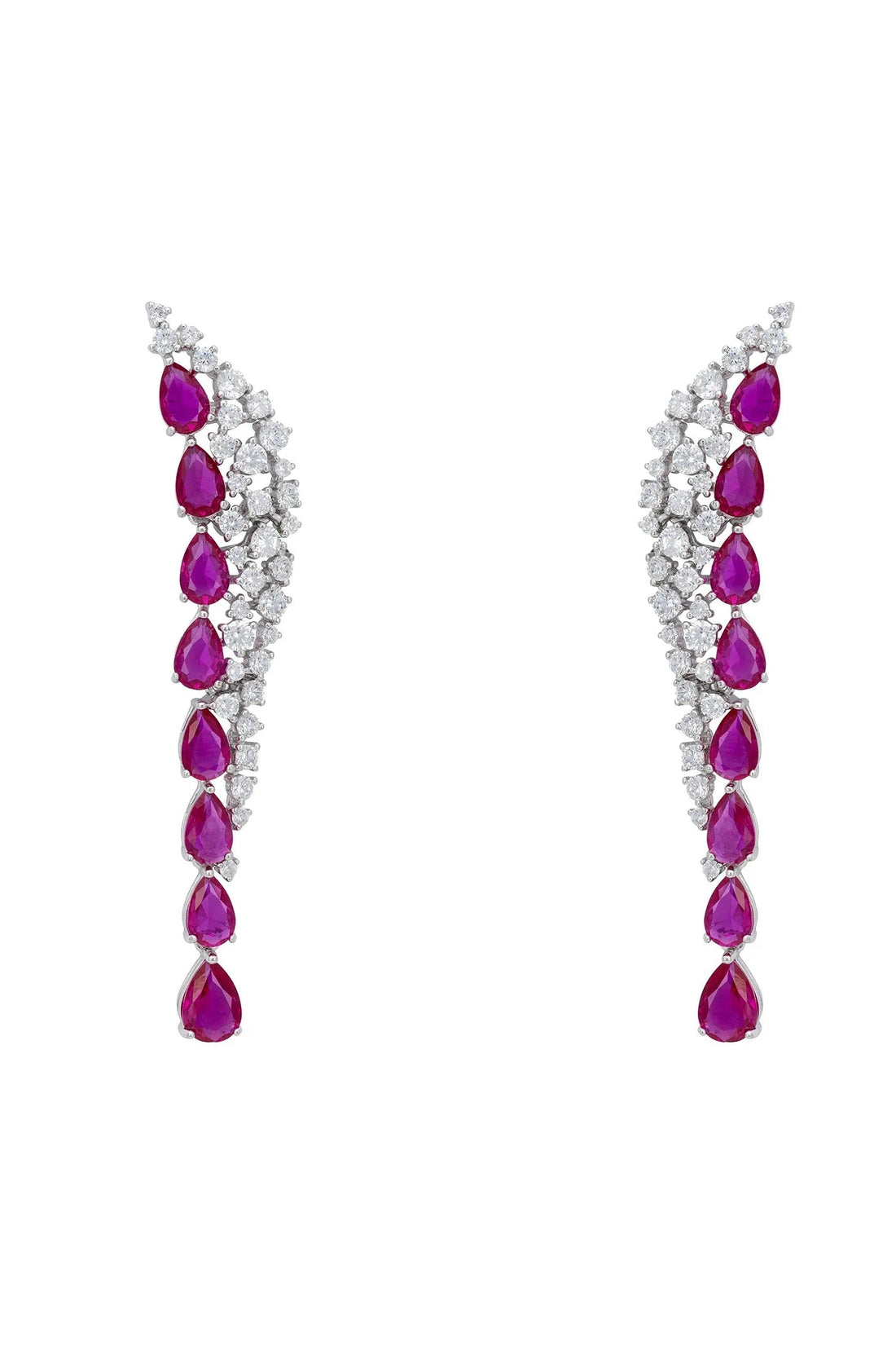 Silver drop earrings with ruby teardrop stones and clear crystal accents