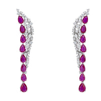 Silver drop earrings with ruby teardrop stones and clear crystal accents