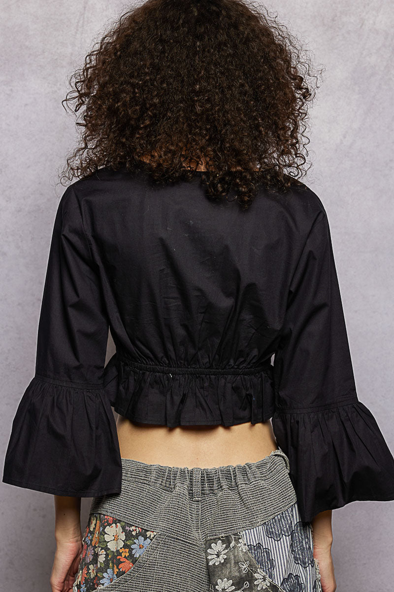 Black cropped blouse back with gathered waist and wide bell sleeves