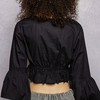 Black cropped blouse back with gathered waist and wide bell sleeves