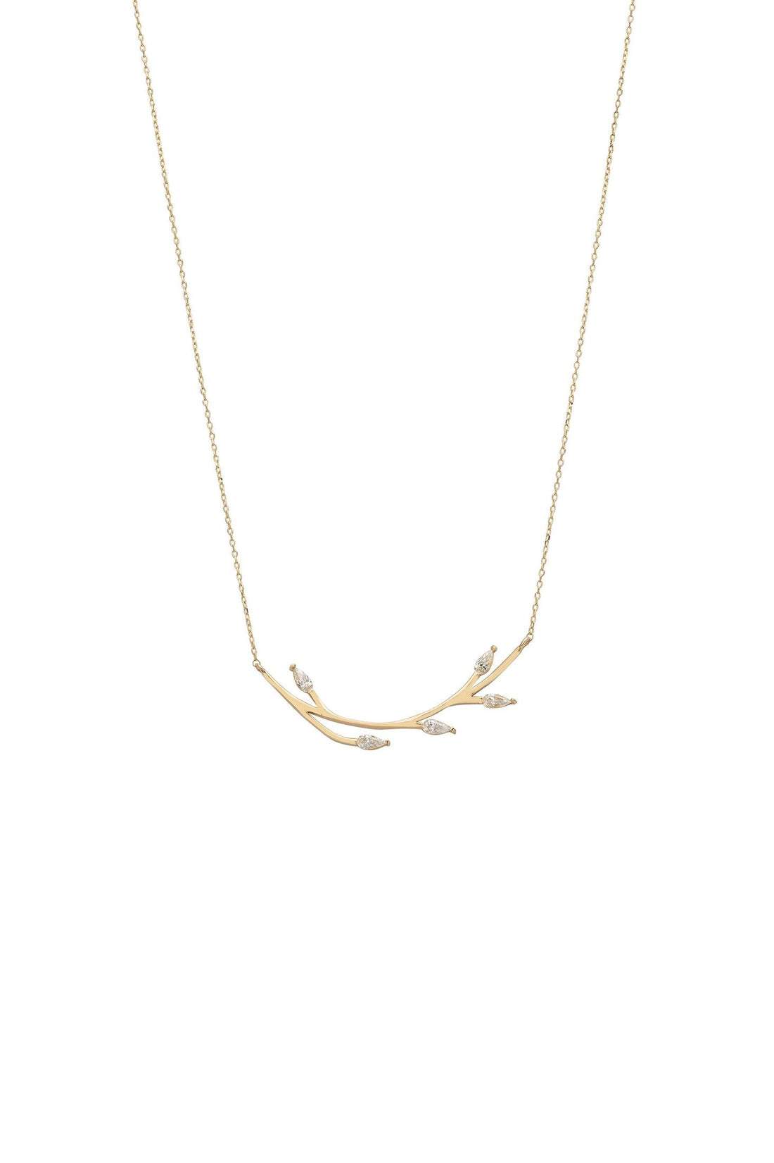 14k gold blooming branch necklace with curved vine pendant