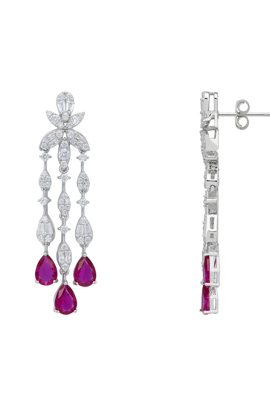 Silver drop earrings with purple teardrop stones, shown from side with post backing