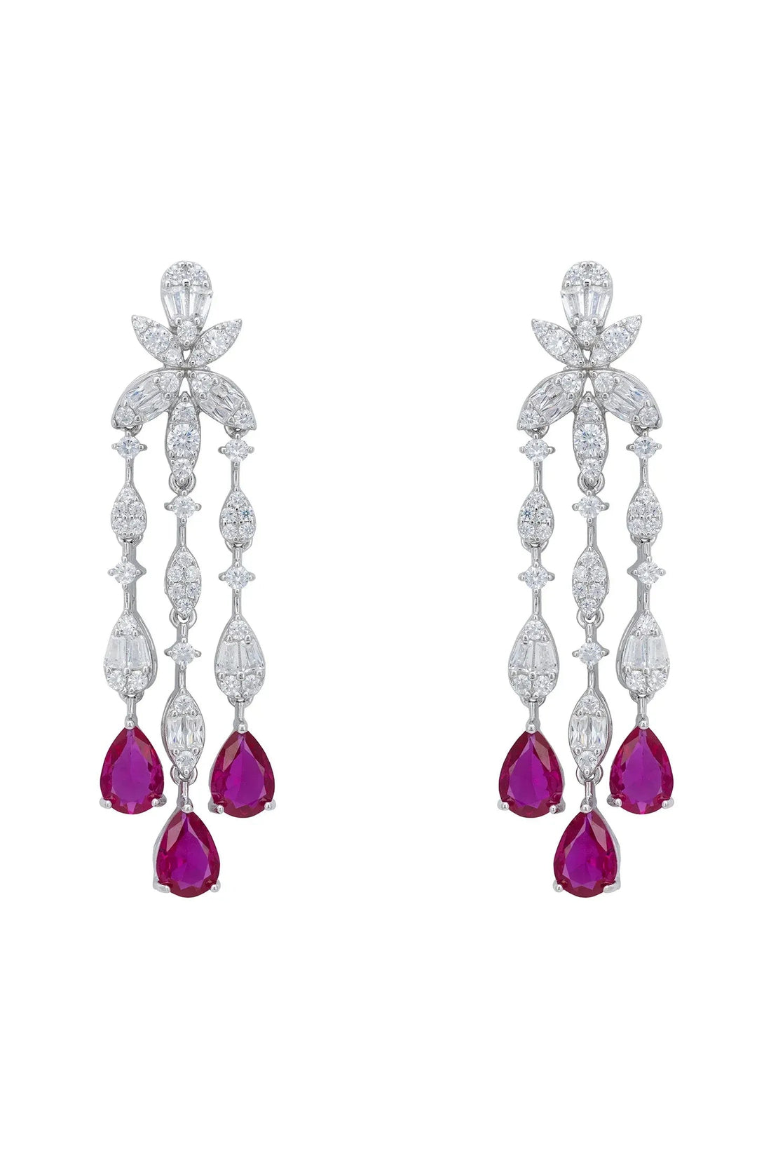 Silver drop chandelier earrings with purple teardrop stones and clear sparkle accents