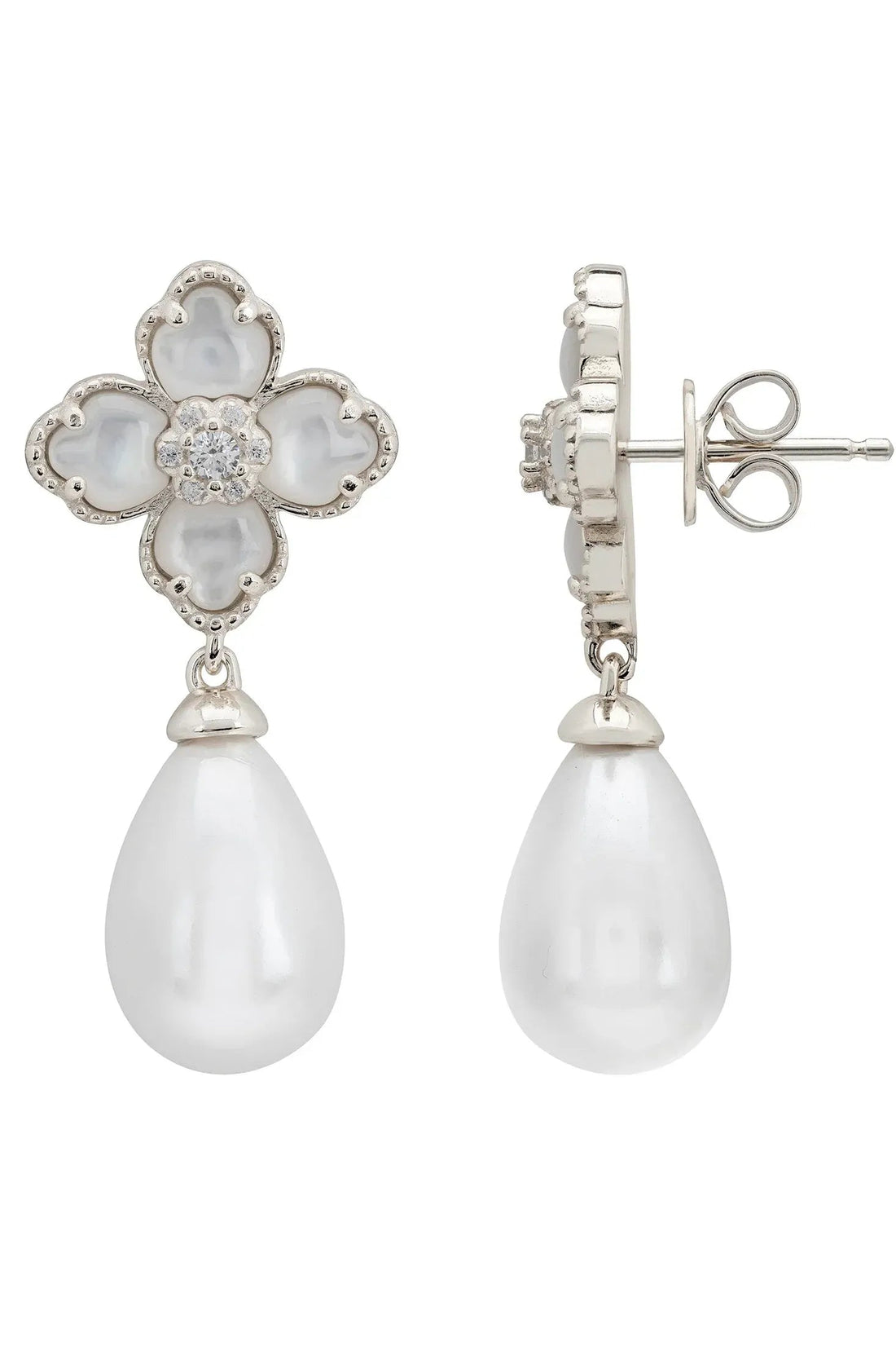 Silver flower clover drop earrings, showing stud back with pearl teardrop dangle