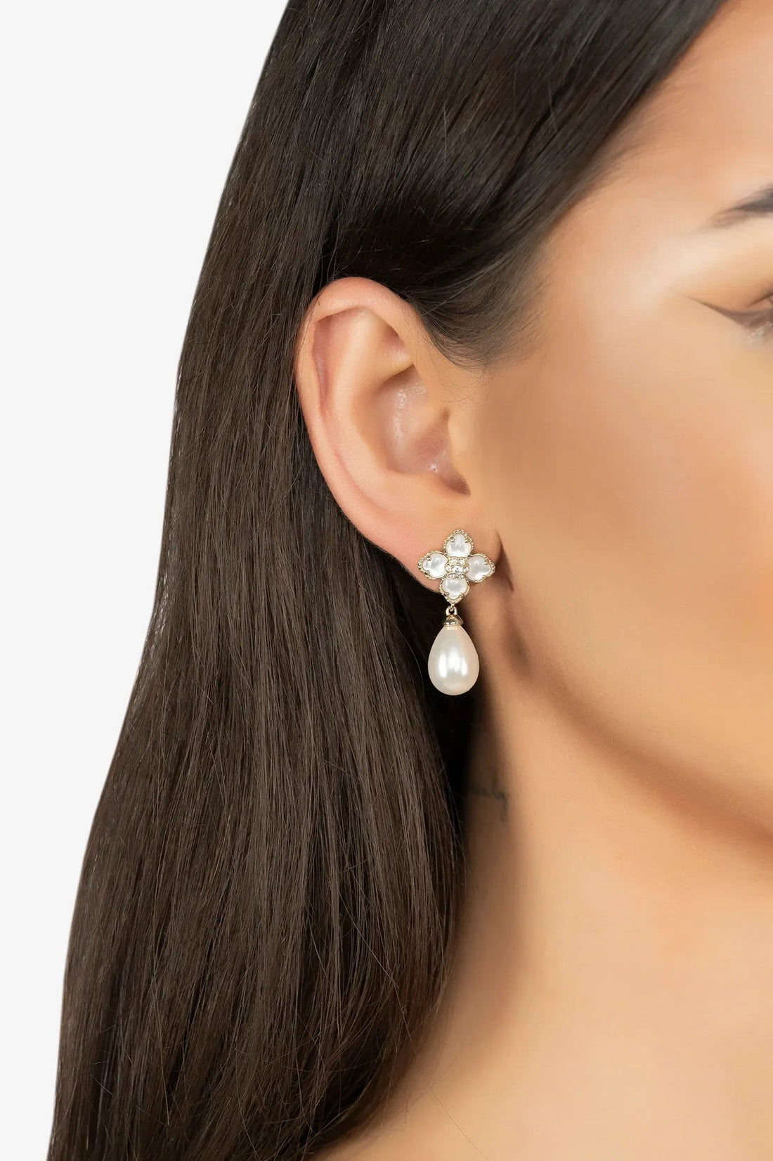 Silver flower clover drop earrings with mother-of-pearl petals and pearl teardrop dangles