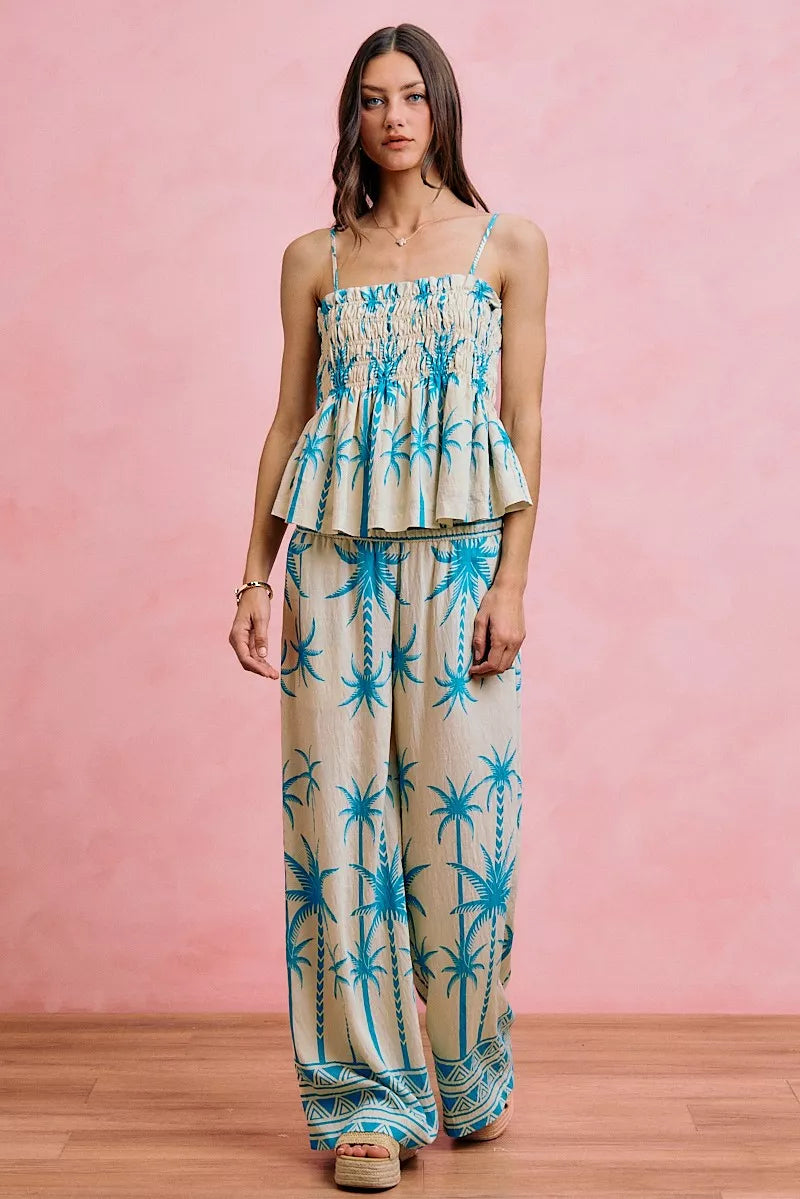 Blue palm tree smocked bodice adjustable cami top with tiered ruffle hem