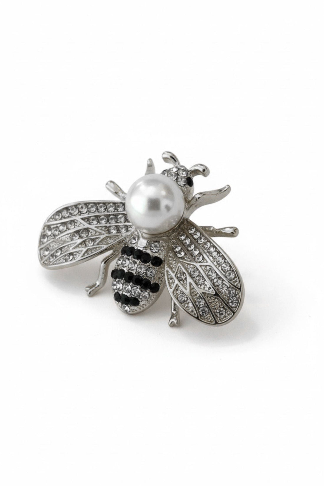 Silver-tone bee brooch with faux pearl center and rhinestone wings