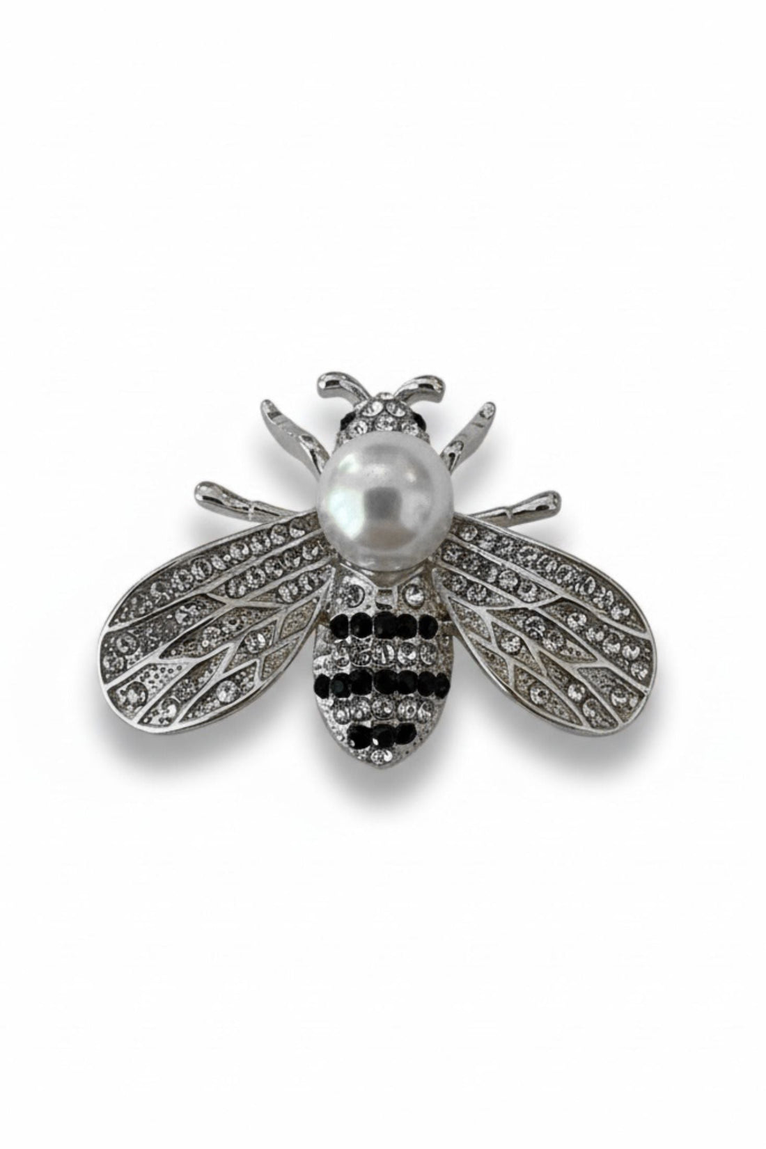 Silver-tone bee brooch with faux pearl body and detailed rhinestone wings