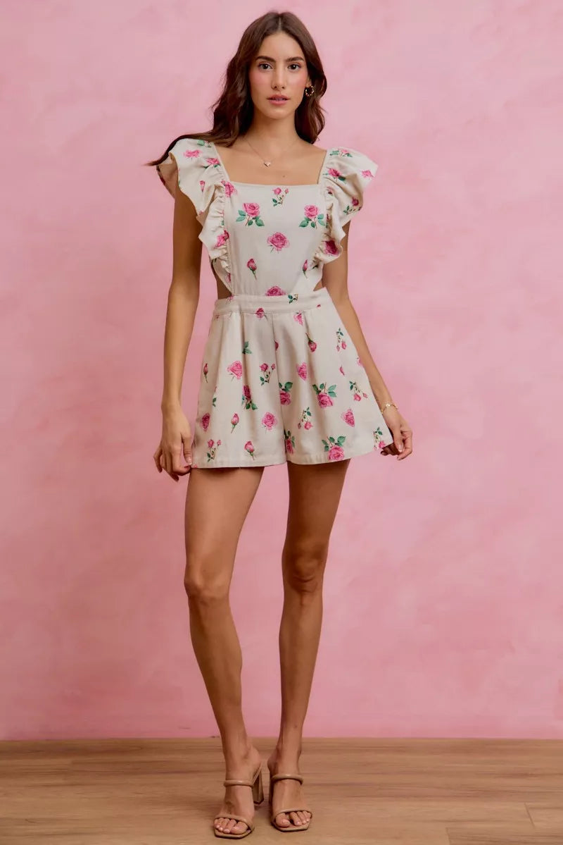 Floral print denim romper with ruffled cap sleeves and cut-out waist, ivory