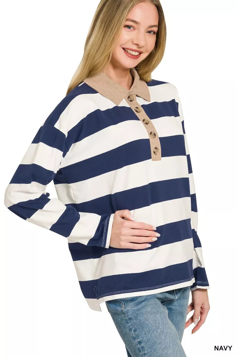 Navy and white striped polo shirt with contrast collar, button front, and long sleeves