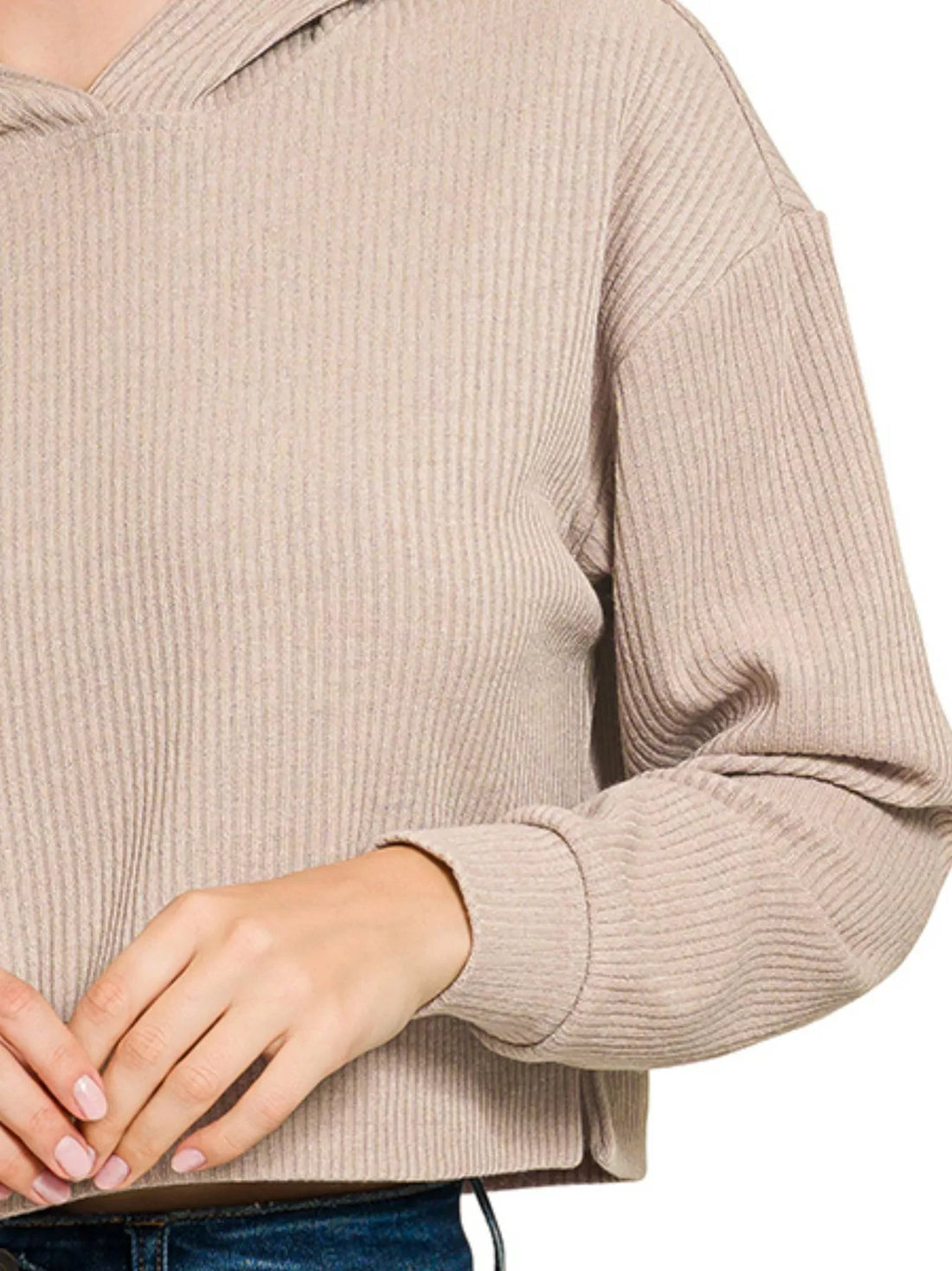Ash mocha ribbed crop hoodie close-up, hood seam and long cuffed sleeve
