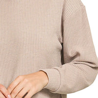 Ash mocha ribbed crop hoodie close-up, hood seam and long cuffed sleeve