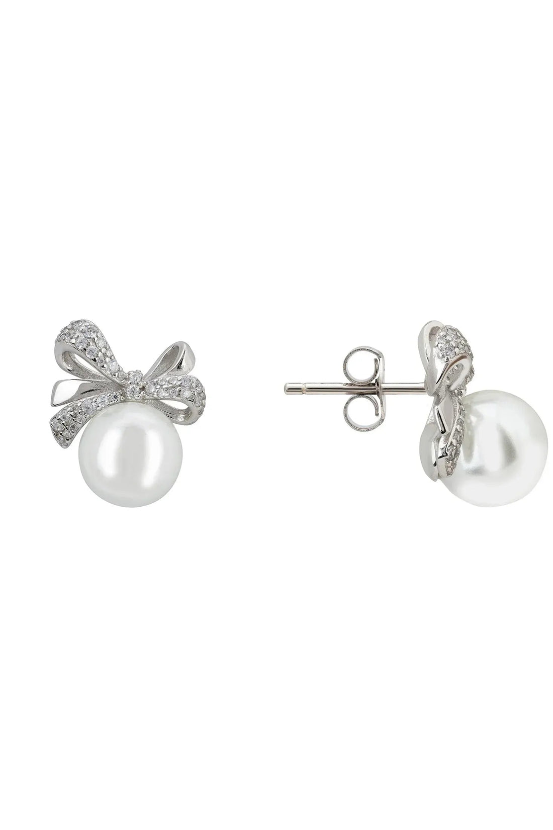 Ribbon Bow Pearl Stud Earrings Silver-2