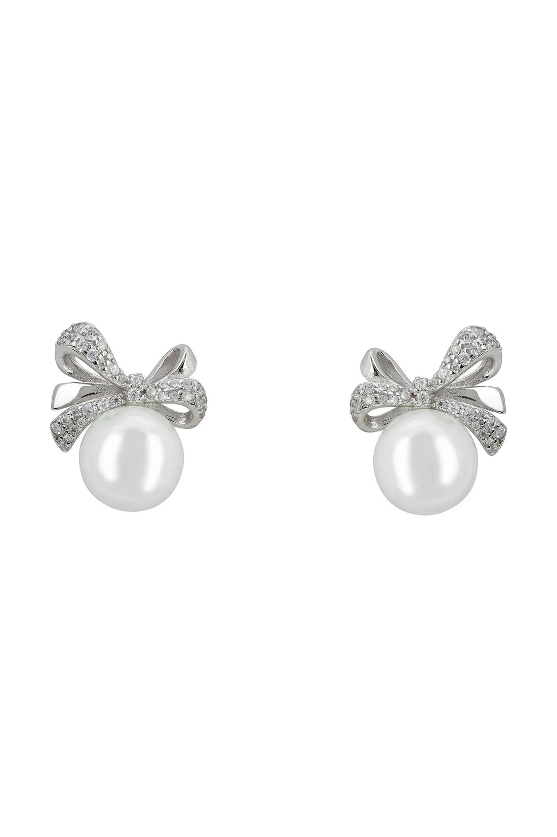 Ribbon Bow Pearl Stud Earrings Silver-0
