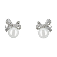 Ribbon Bow Pearl Stud Earrings Silver-0