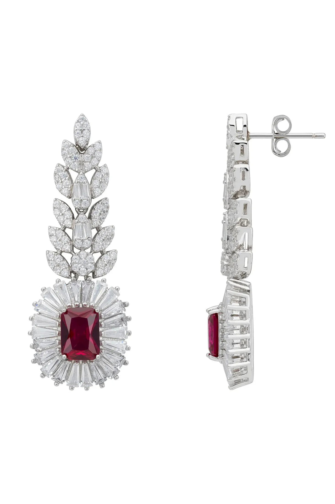 Ruby and silver gemstone drop earrings with clear marquise and round stones