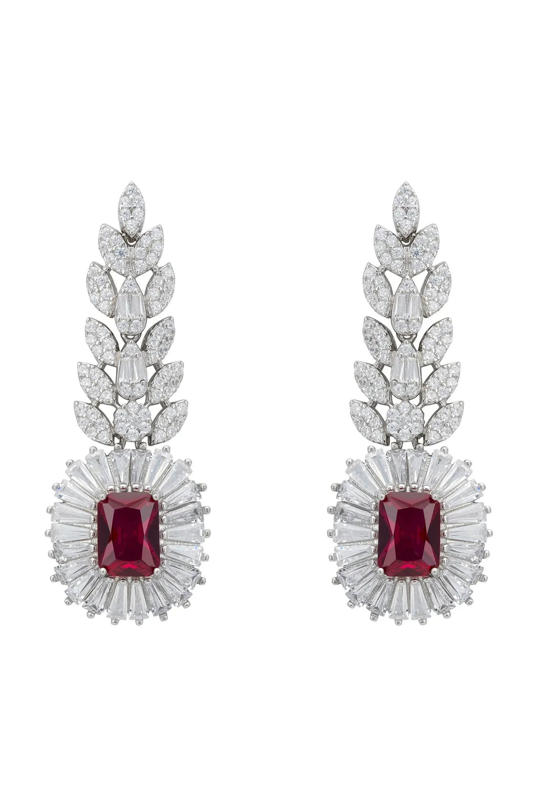 Ruby and silver drop earrings with marquise crystal leaf design