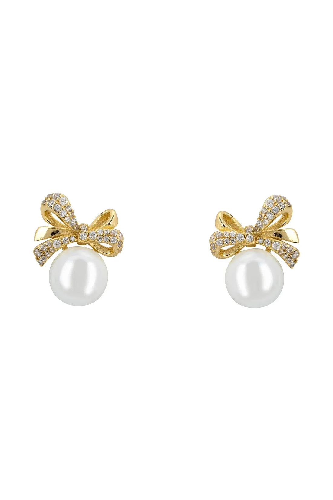 Gold ribbon bow pearl stud earrings with rhinestone accents