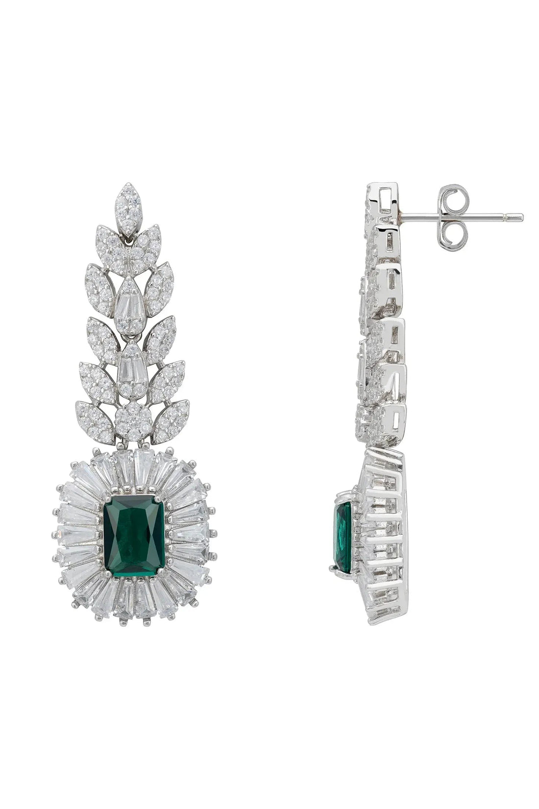Emerald gemstone drop earrings in silver-tone, shown from the side with backs