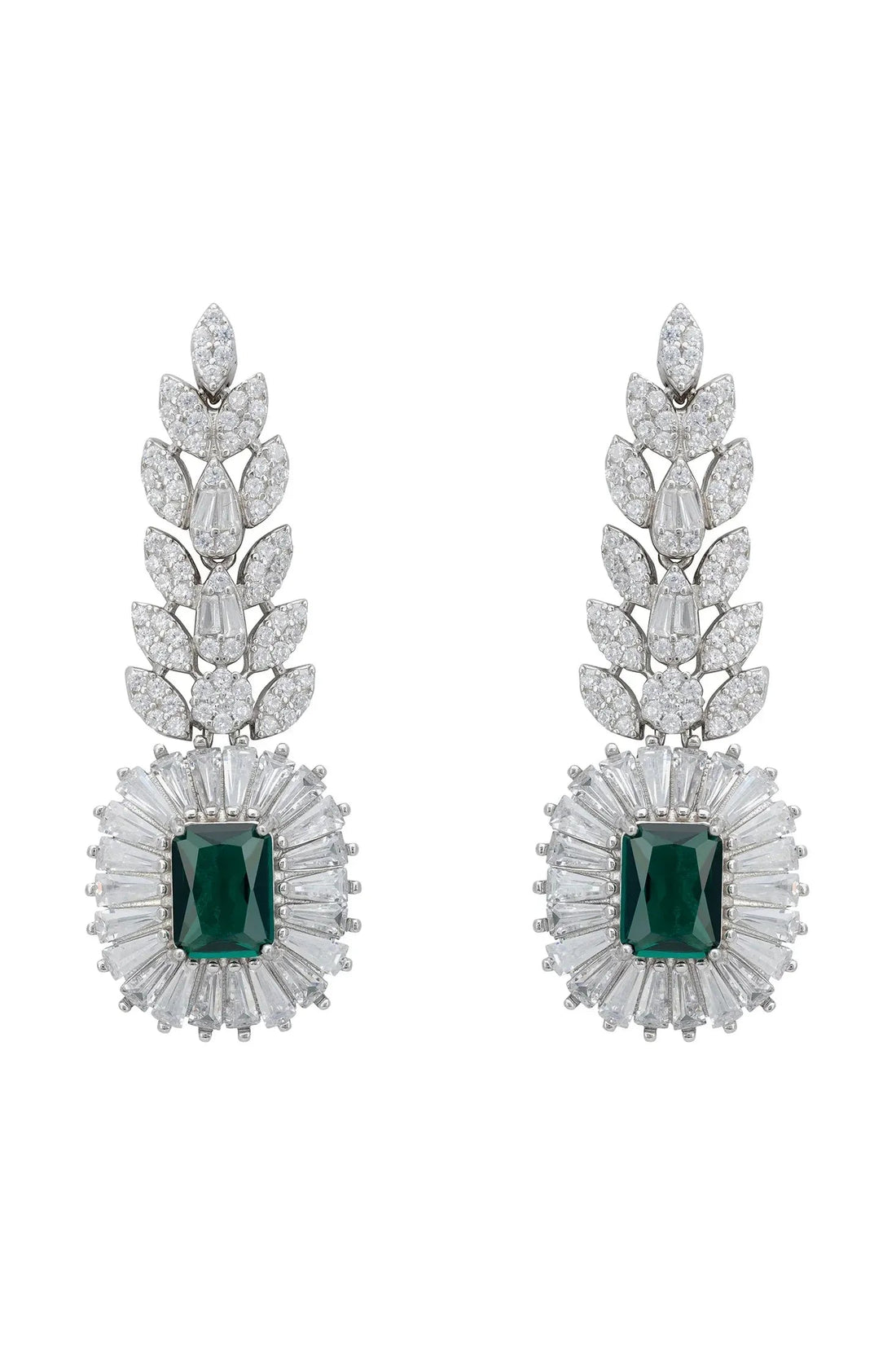 Emerald gemstone drop earrings with silver leaf and baguette accents