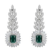 Emerald gemstone drop earrings with silver leaf and baguette accents