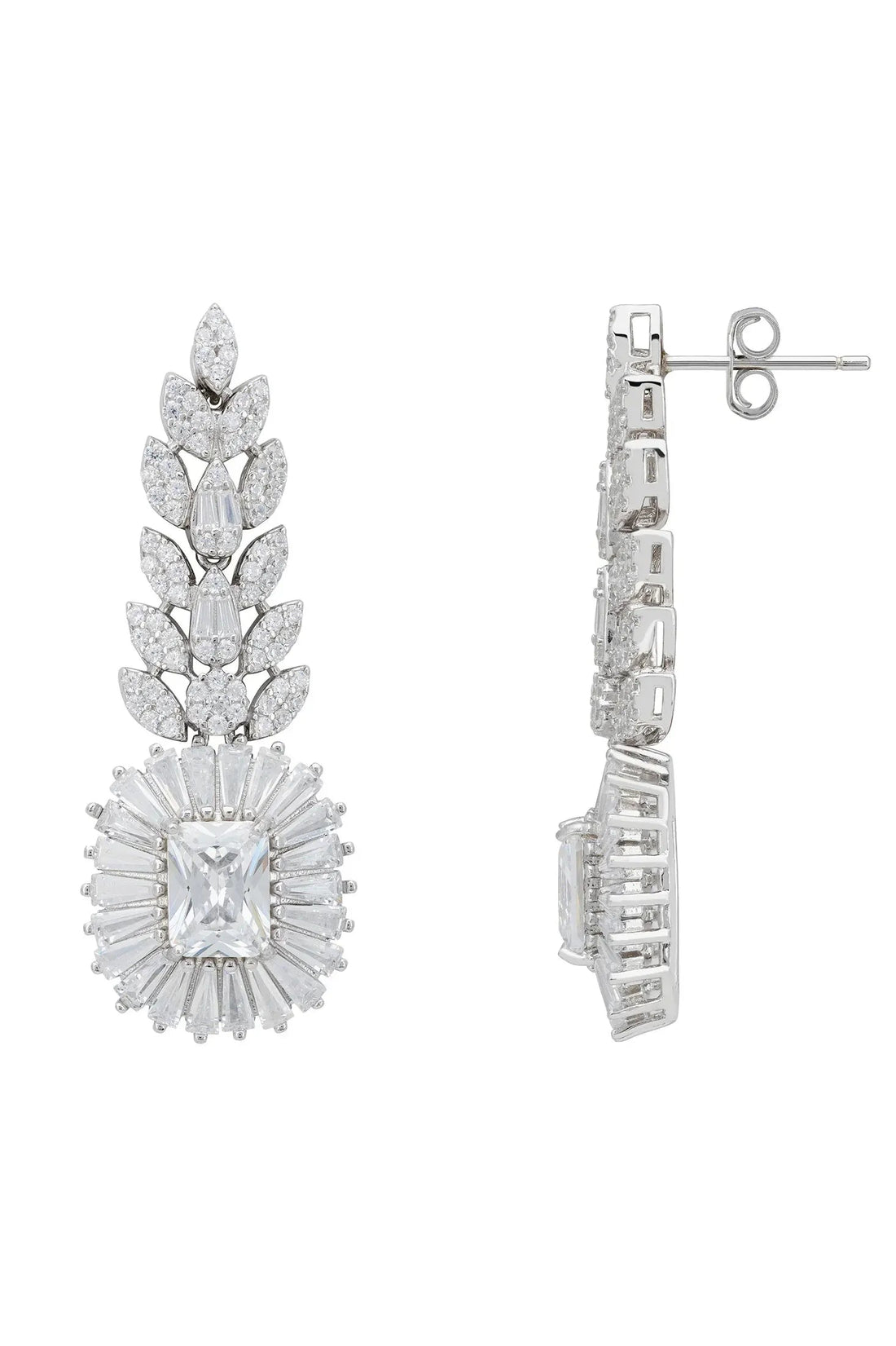 Silver-tone drop earrings shown front and side, with marquise clusters and round charm