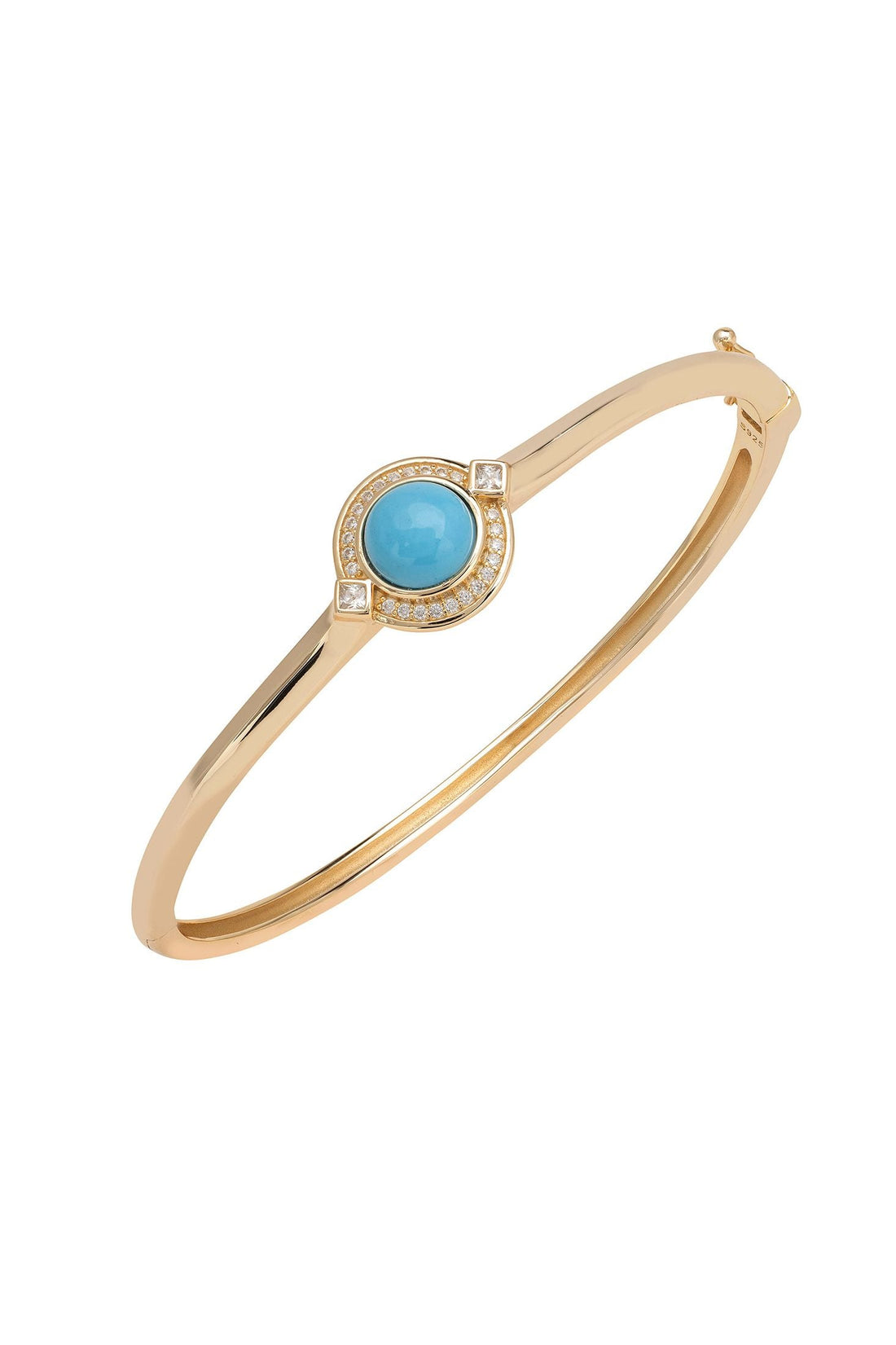 Gold bangle bracelet with turquoise oval center and diamond accents