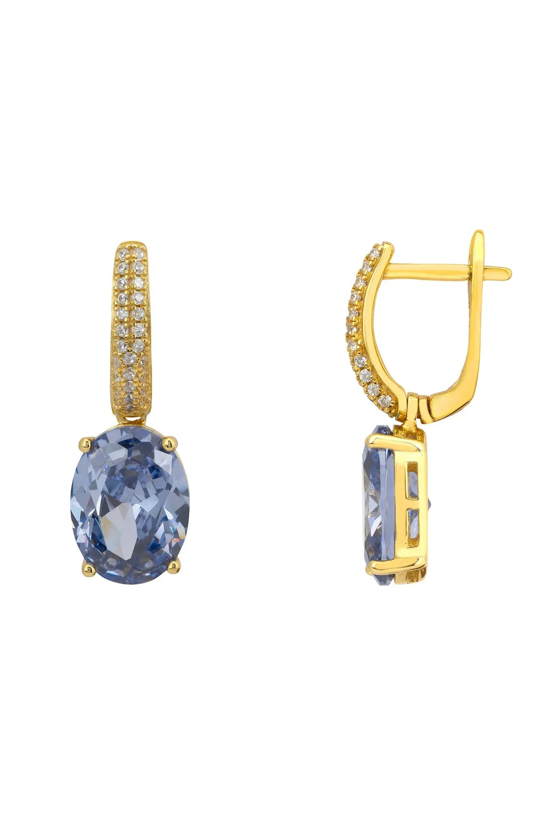 Gold oval drop earrings with blue tanzanite stones and pavé-set hinged hoops