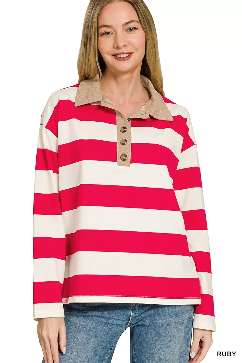 Striped polo top with contrast collar, long sleeves, ruby and white