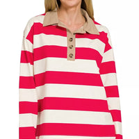 Striped polo top with contrast collar, long sleeves, ruby and white