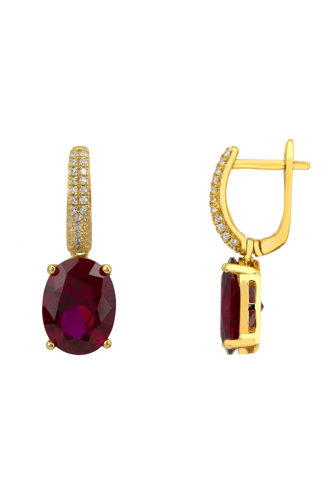 Gold oval drop earrings with ruby red gemstone and pavé hoop