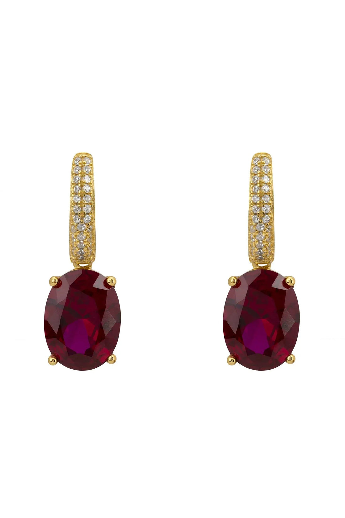 Oval drop earrings with gold pavé hoops and ruby red gemstone pendants