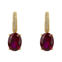 Oval drop earrings with gold pavé hoops and ruby red gemstone pendants