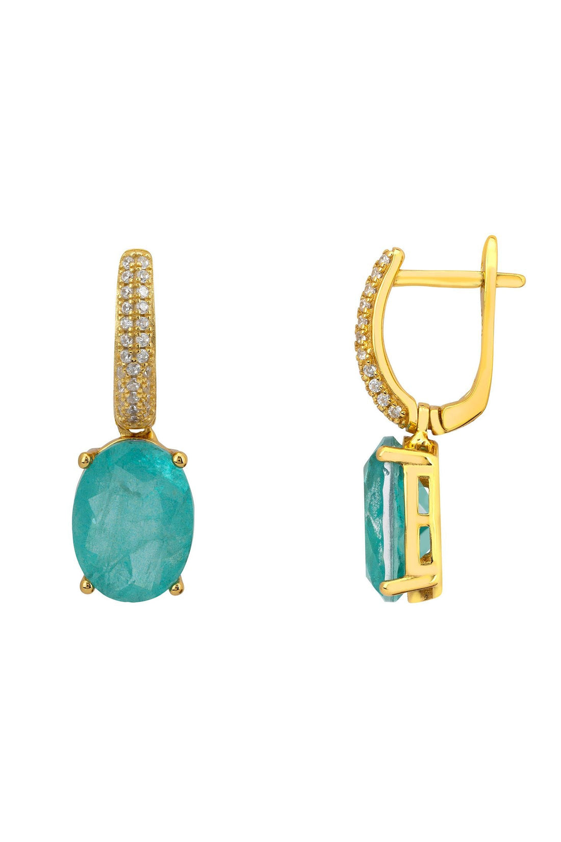 Gold oval drop earrings with paraiba tourmaline and pavé-set hoop