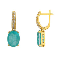 Gold oval drop earrings with paraiba tourmaline and pavé-set hoop
