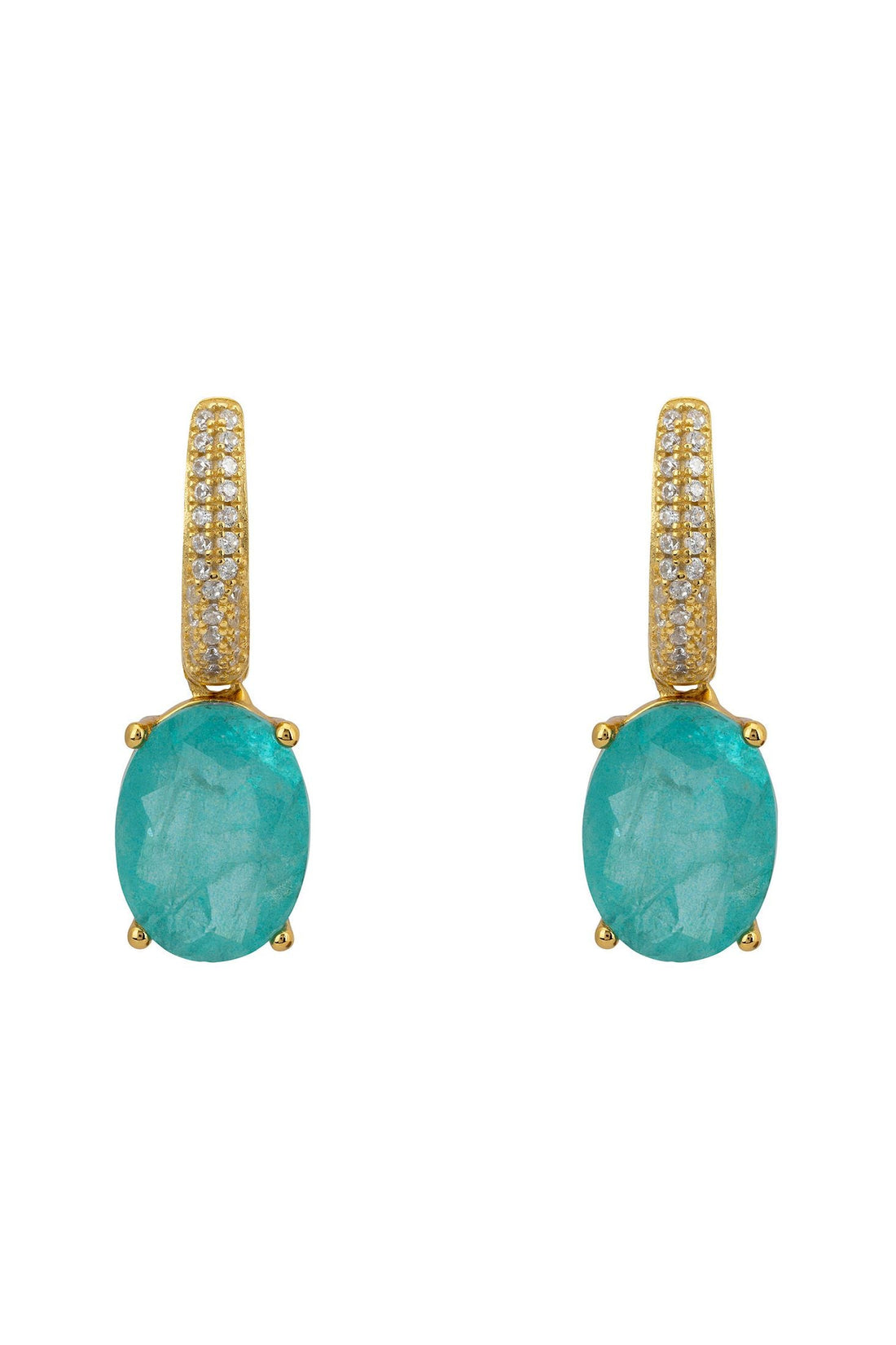 Gold oval drop earrings with oval paraiba tourmaline stones