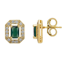 Gold emerald-green gemstone stud earrings with clear halo and hinge back view