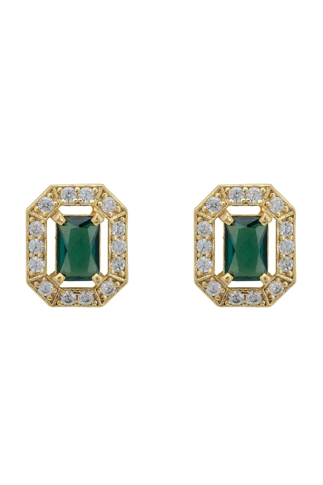 Gold gemstone stud earrings with emerald-green center and clear halo stones